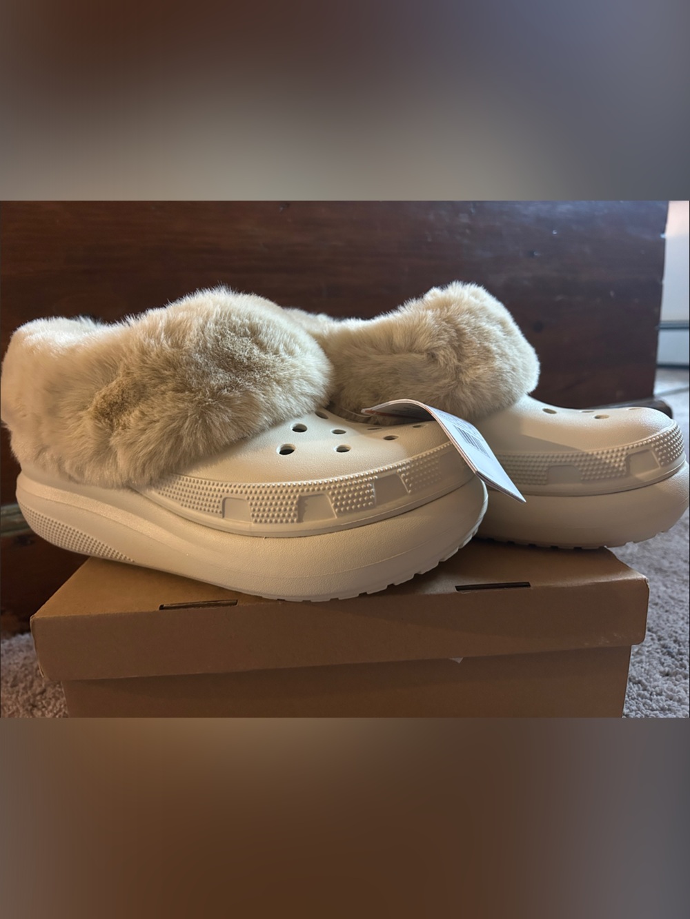 NEW CROCS Faux Fur Lined Beige Clog Slides